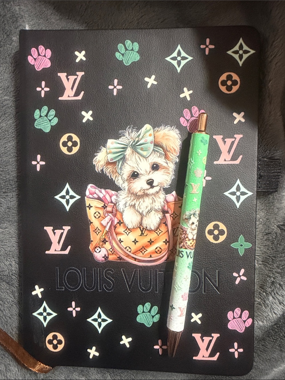 Black Journal with Pastel Pink, Mint, Cream and Gold Accents and Matching Pen.